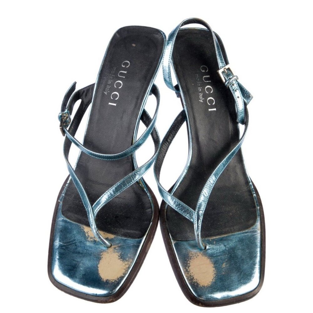 Gucci Authentic Solid Blue Metallic Slingback Low… - image 3